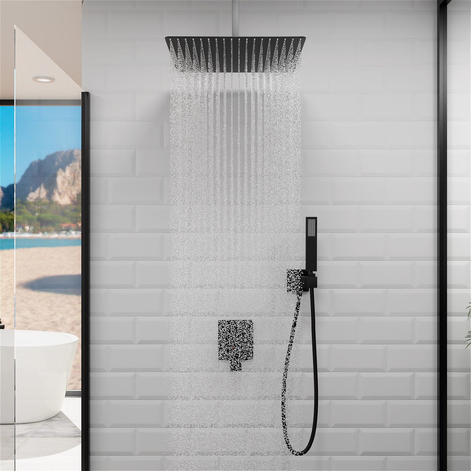 16 Square Ceiling-Mount Shower Head & 6 Body Sprays & Wall Mounted Handshower System