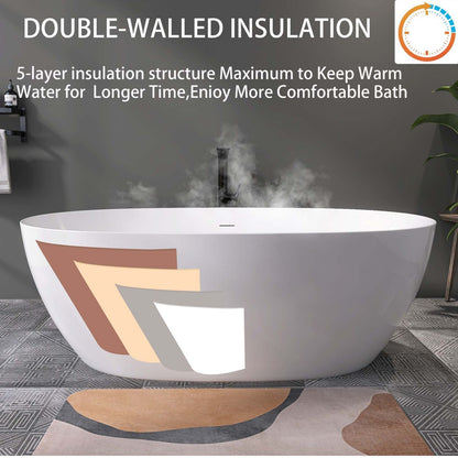 67&quot; Glossy white oval acrylic freestanding bathtub with extra long insulation