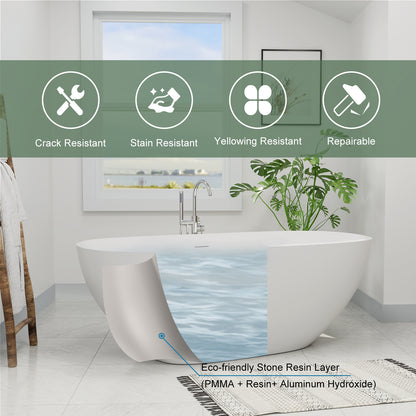 65&quot; Modern Oval Tub Solid Surface Stone Resin Freestanding Soaking Bathtub with Tub Tray