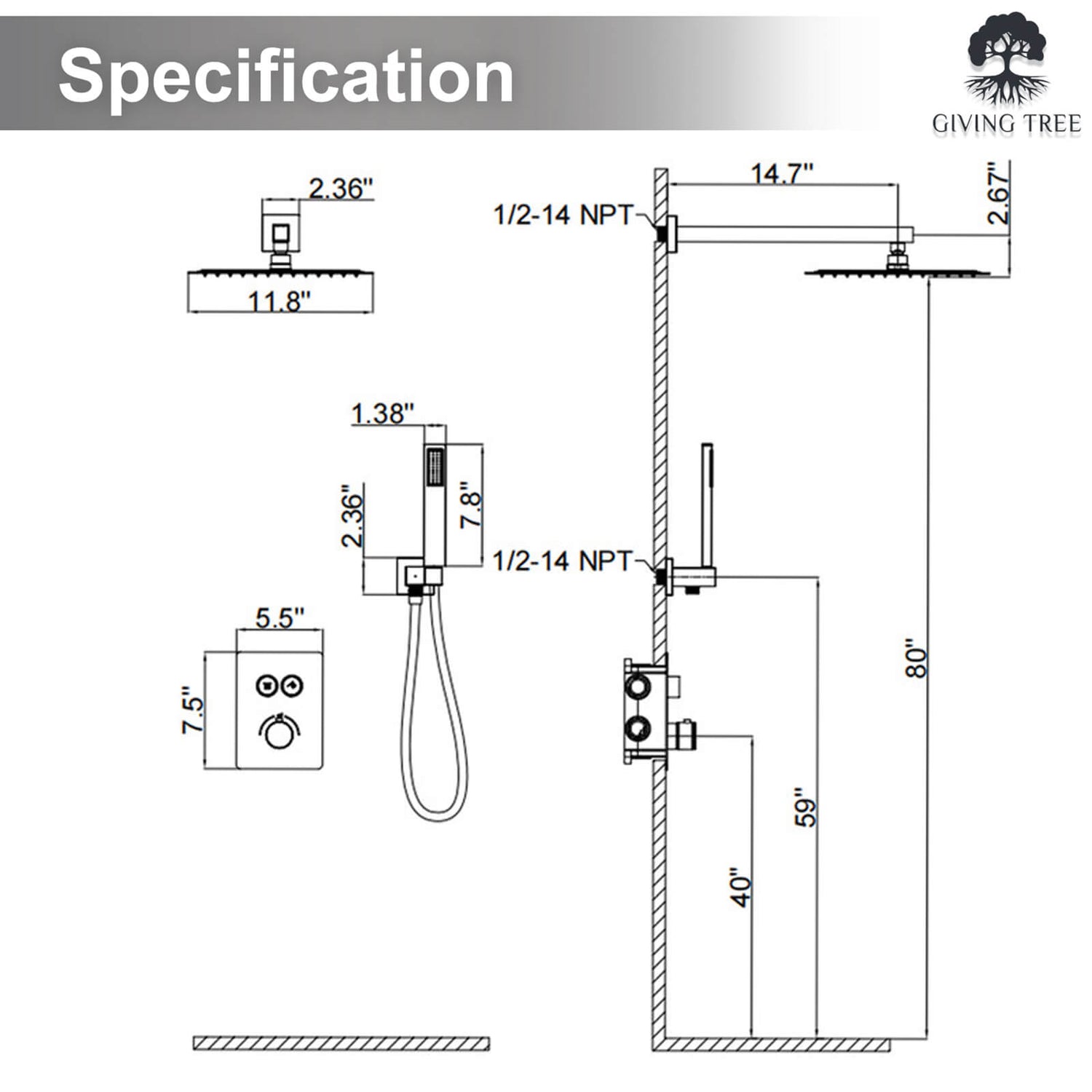 12 in Brushed Nickel Pressure Balanced Shower System Dimensions