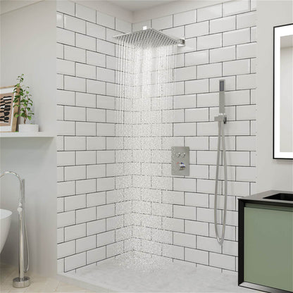 12 inch brushed nickel shower system with rainfall and handheld showerheads