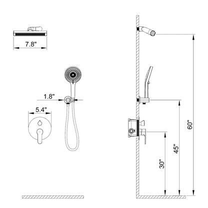 8&quot; Shower Systems with adjustable 3-Spray Cylindrical Shower Head And 6-Spray Handheld, Wall Mount