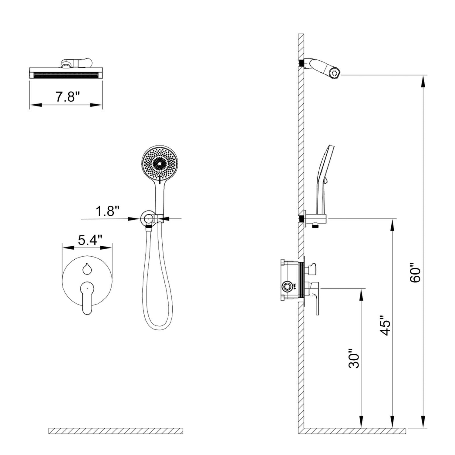 8&quot; Shower Systems with adjustable 3-Spray Cylindrical Shower Head And 6-Spray Handheld, Wall Mount