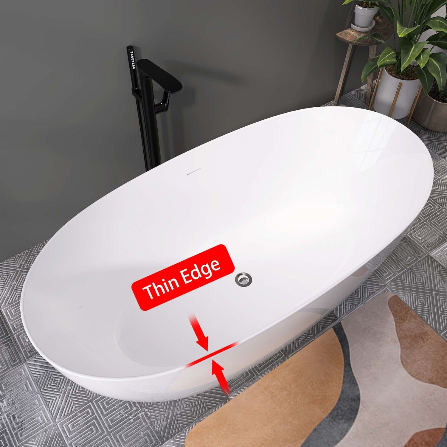 67-inch glossy white oval freestanding bathtub with thin rim design