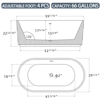 Dimensional outline drawing of 59&quot; acrylic Fluted deep soaking tub