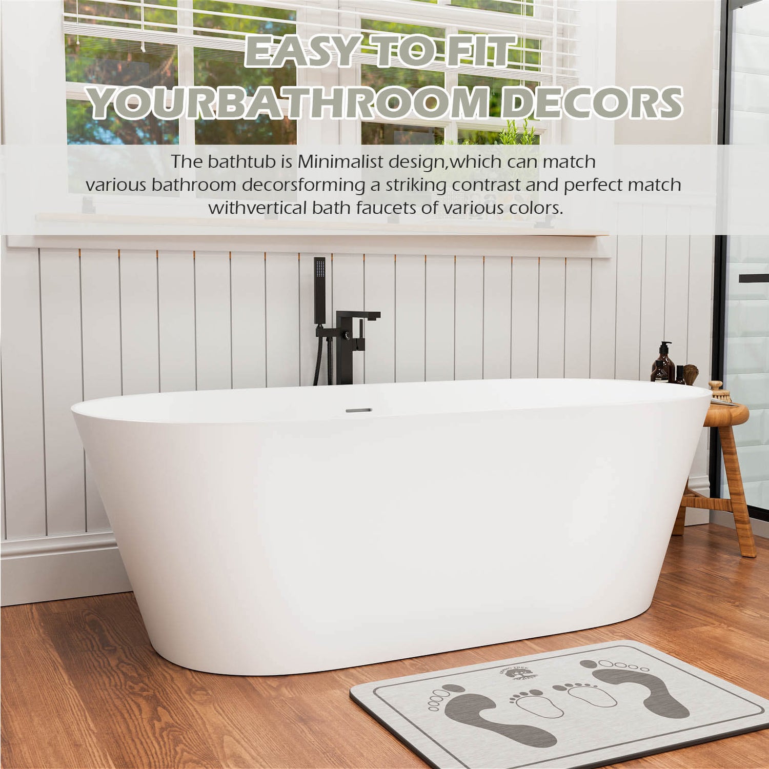 65&quot; Stone Resin Bathtub Oval-shaped Solid Surface Stand Alone Tub with Pop-up Drain