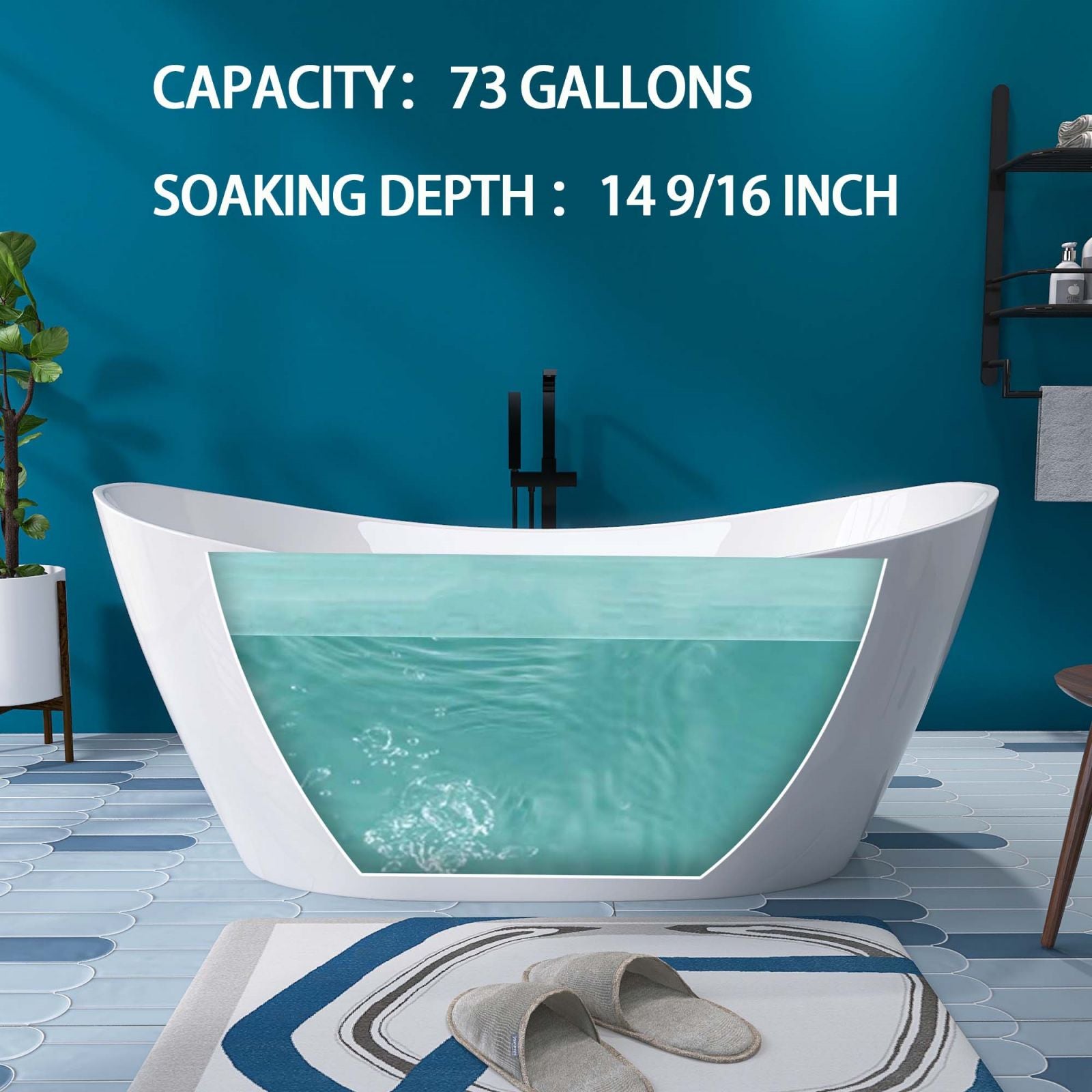 Water Capacity Diagram for a 68&quot; Double Slipper Acrylic Soaking Tub