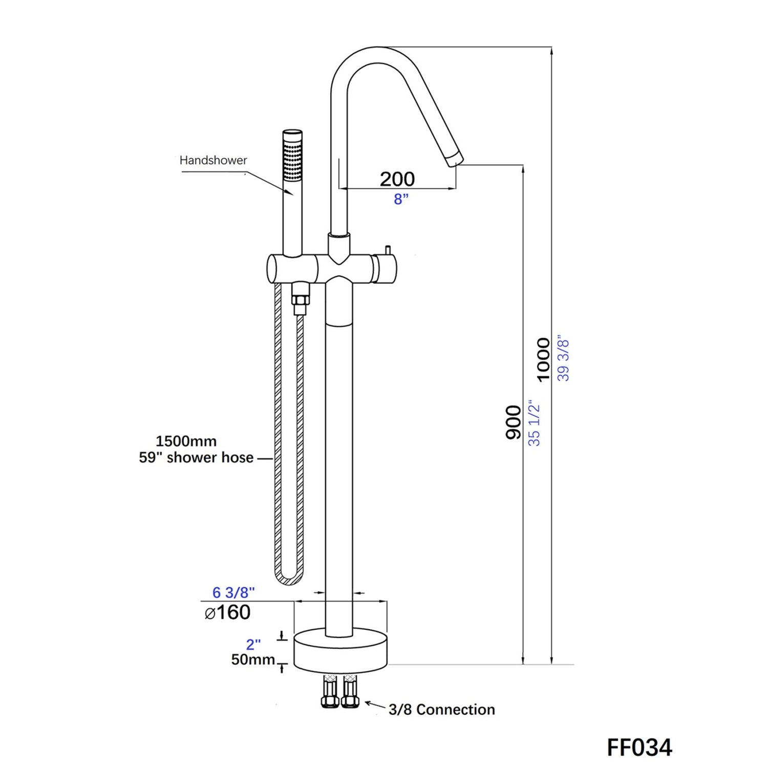 38&quot; Silver Chrome Streamline Freestanding Tub Filler Faucet Dimension