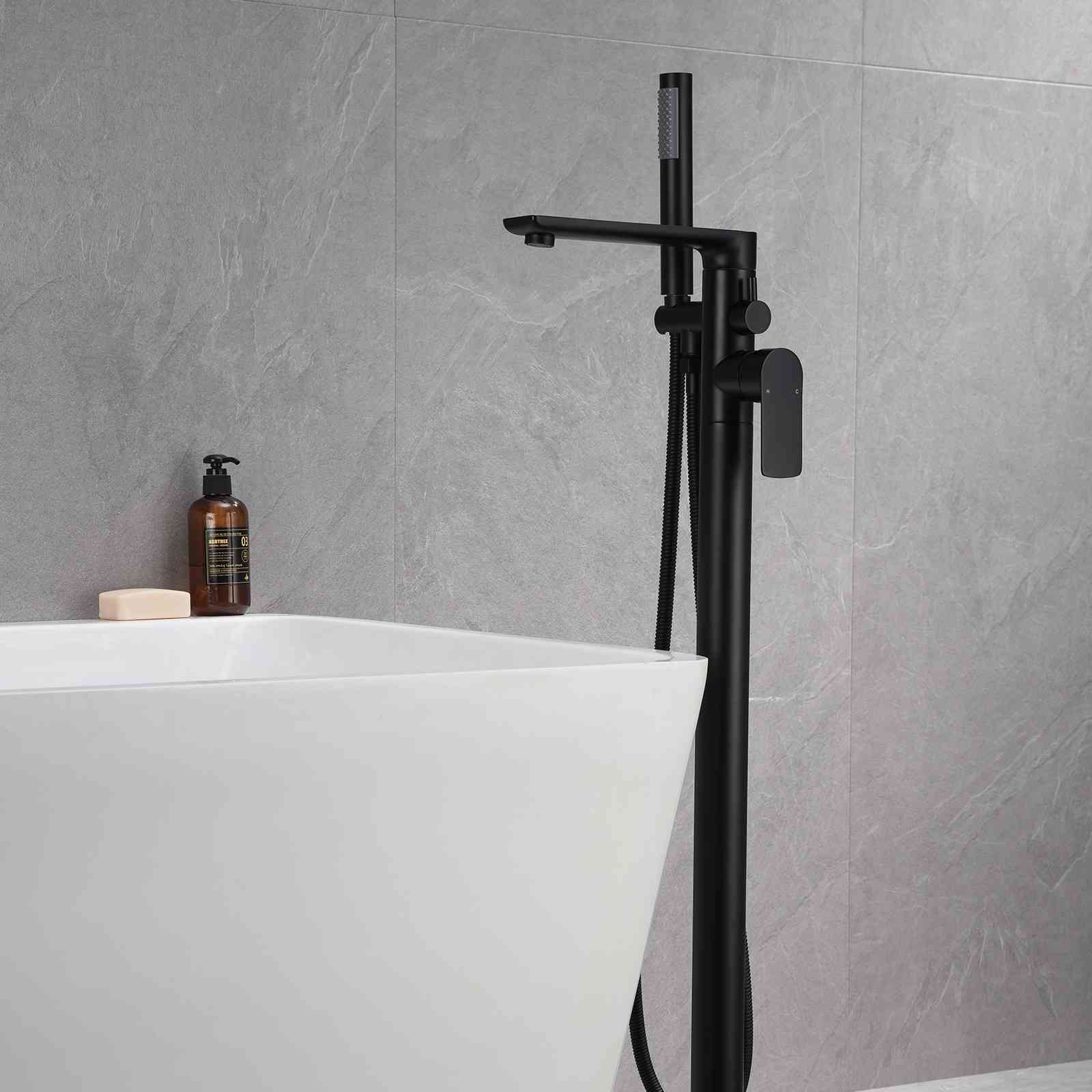 Extended Horizontal Tap Cylinder Hand Shower Freestanding Tub Faucet