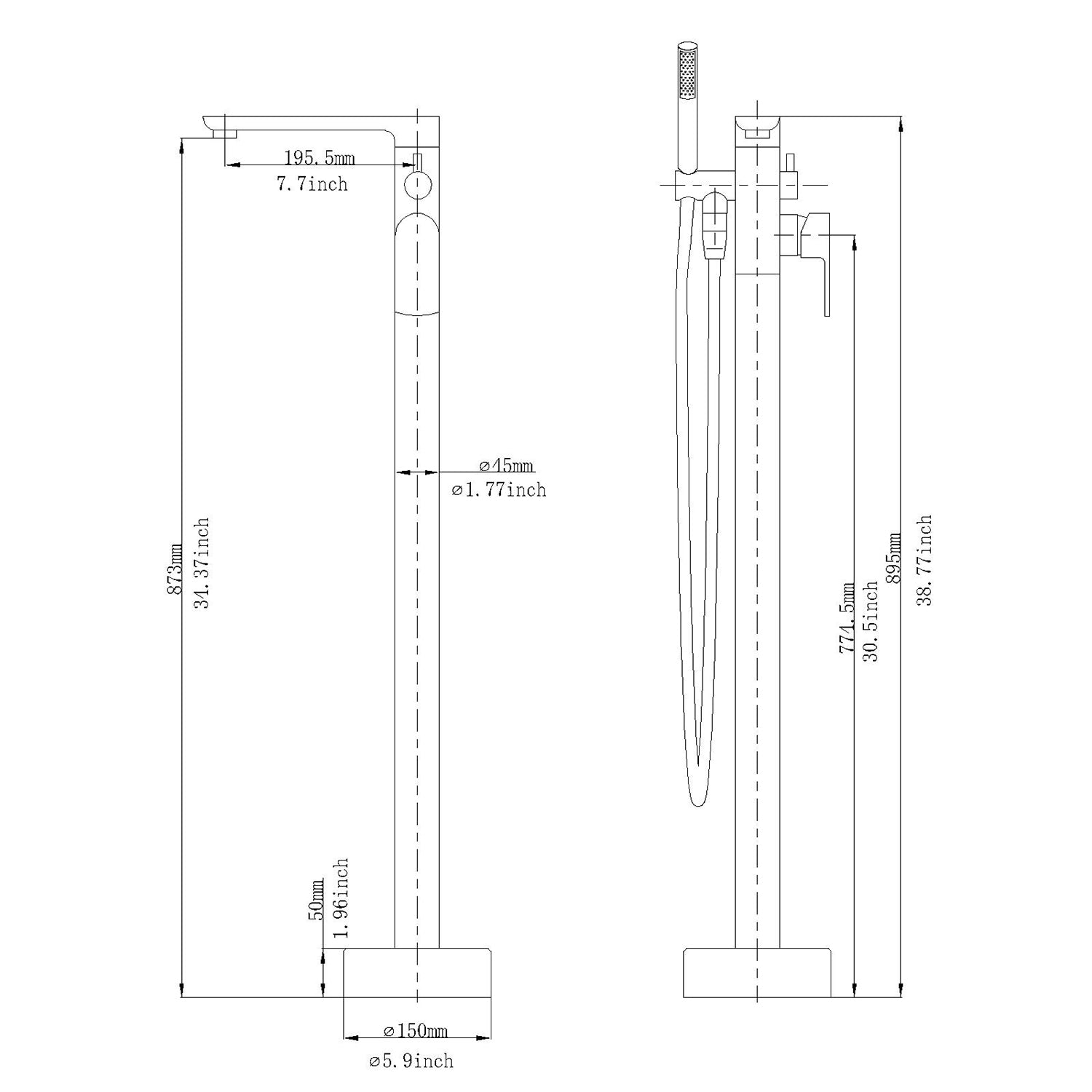 Extended Horizontal Matte Black Cylinder Hand Shower Freestanding Tub Faucet Specification