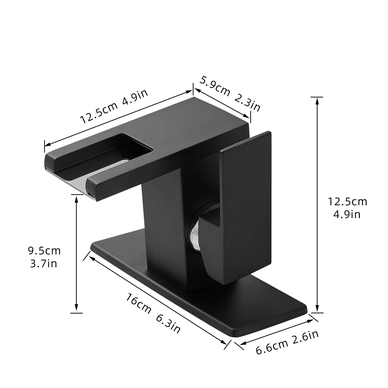 Black waterfall spout sink faucet size