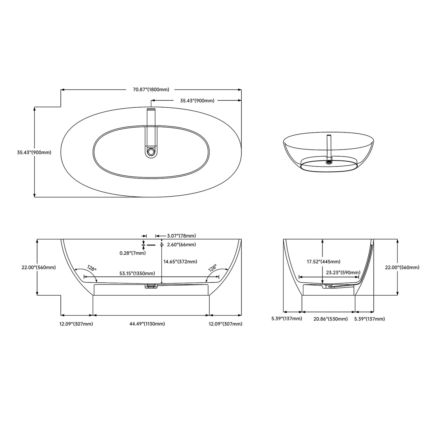 71&quot; Solid Surface Stone Resin Oval-shaped Freestanding Soaking Bathtub with Overflow