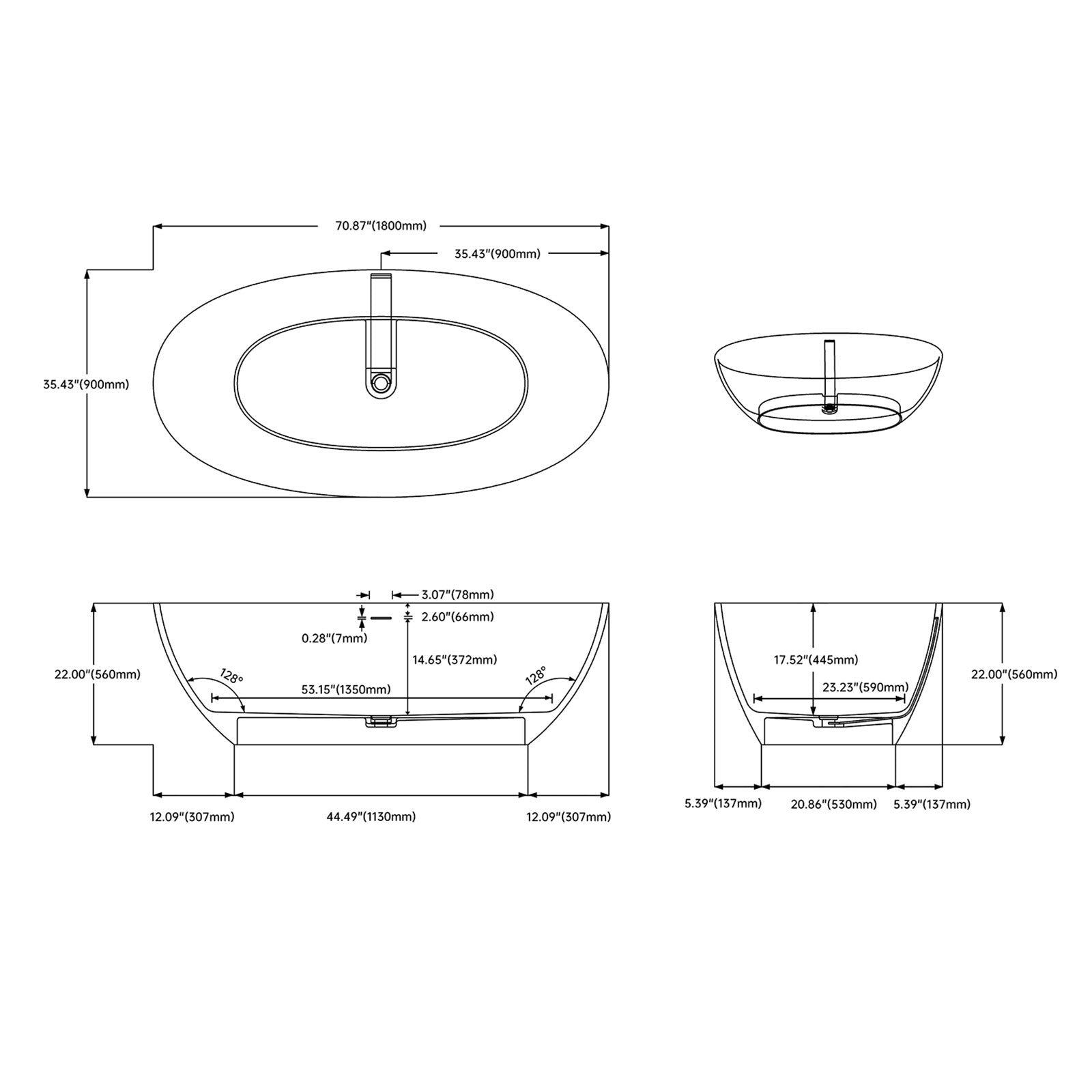 71&quot; Solid Surface Stone Resin Oval-shaped Freestanding Soaking Bathtub with Overflow