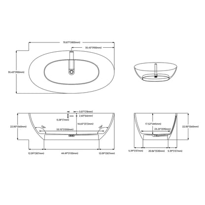 71&quot; Solid Surface Stone Resin Oval-shaped Freestanding Soaking Bathtub with Overflow