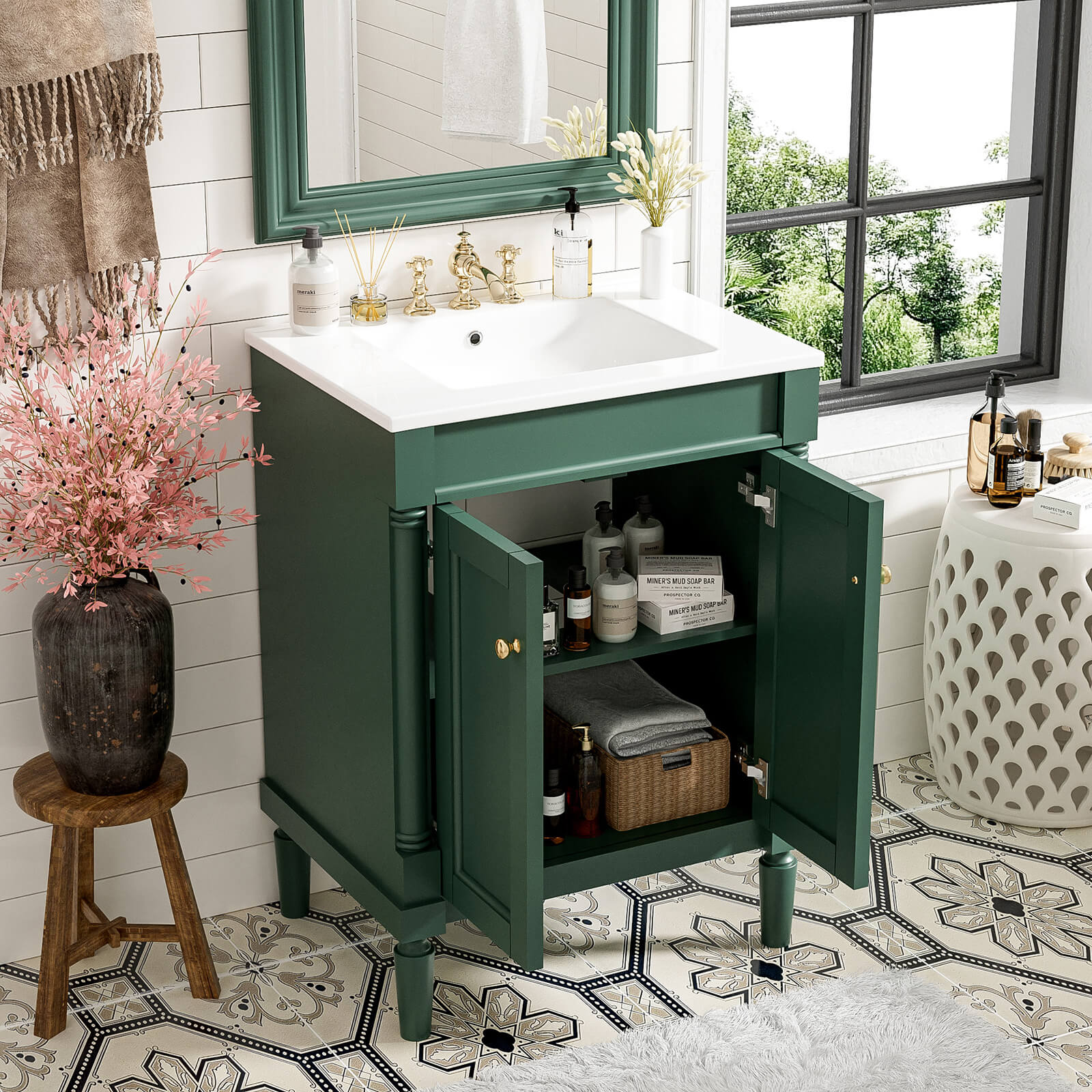 24 Inch Green Bathroom Vanity with Soft Close Doors