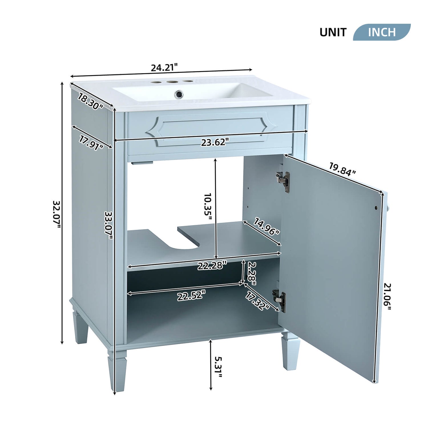 24 in Compact Dresser with Carved Doors Dimensions and Specifications Chart