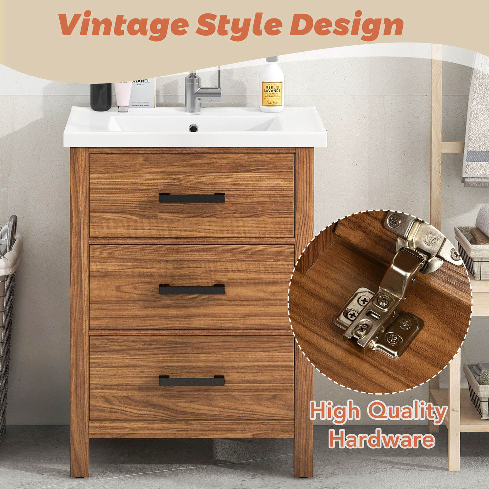 24 in Natural Wood Bathroom Vanity with 3 Drawers Finish Details