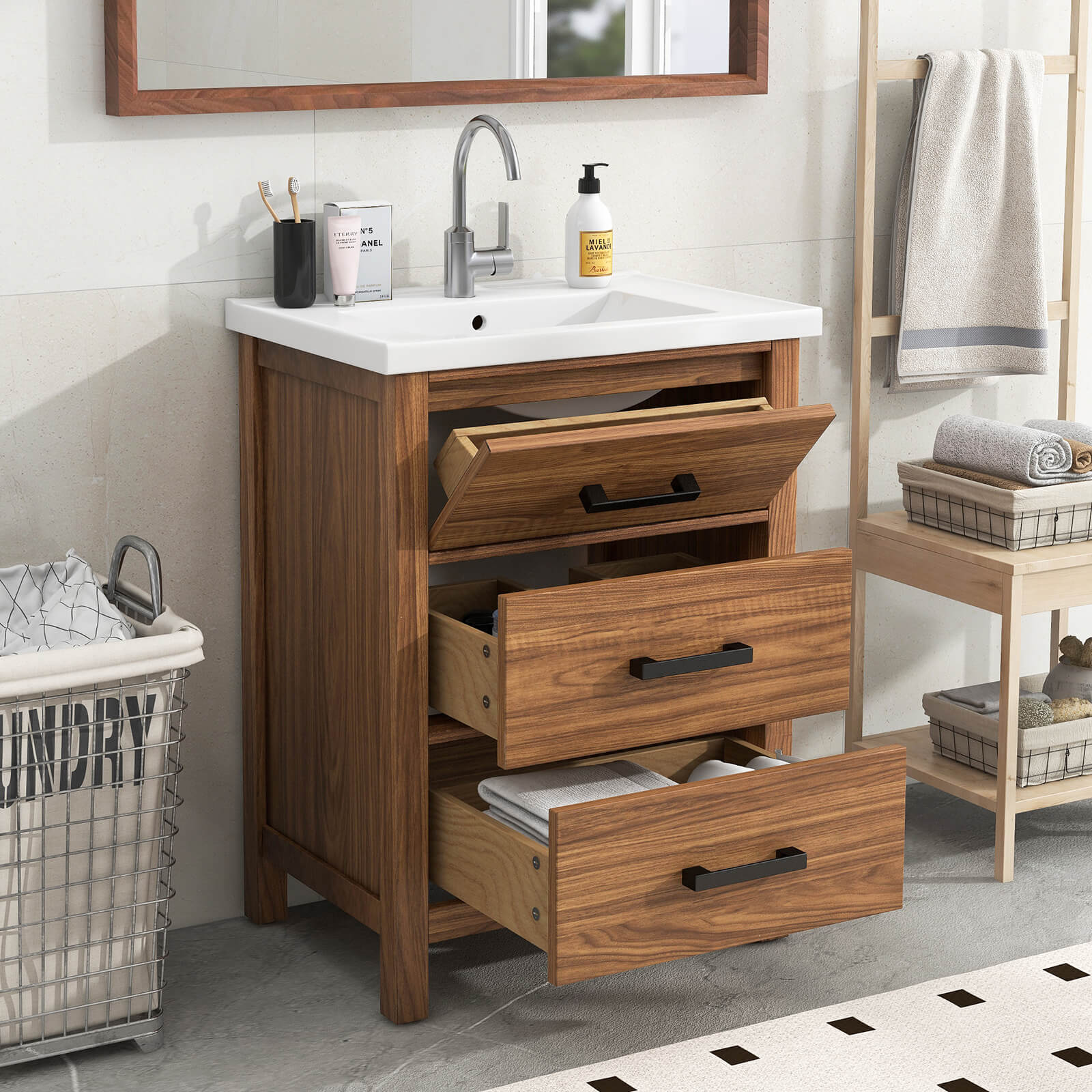 24 in Natural Wood Bathroom Vanity with 3 Drawers for Stylish Storage