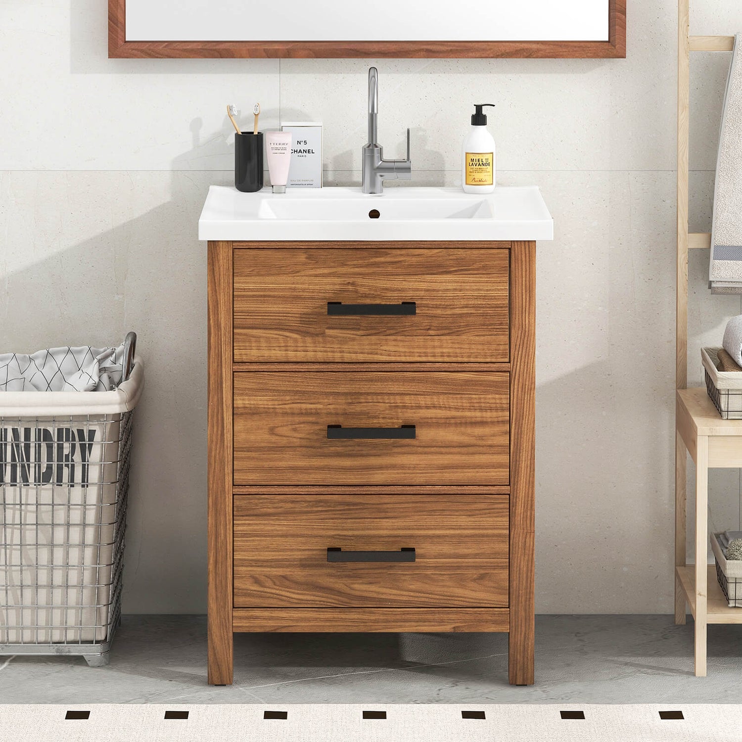 24 in Natural Wood Bathroom Vanity with 3 Drawers