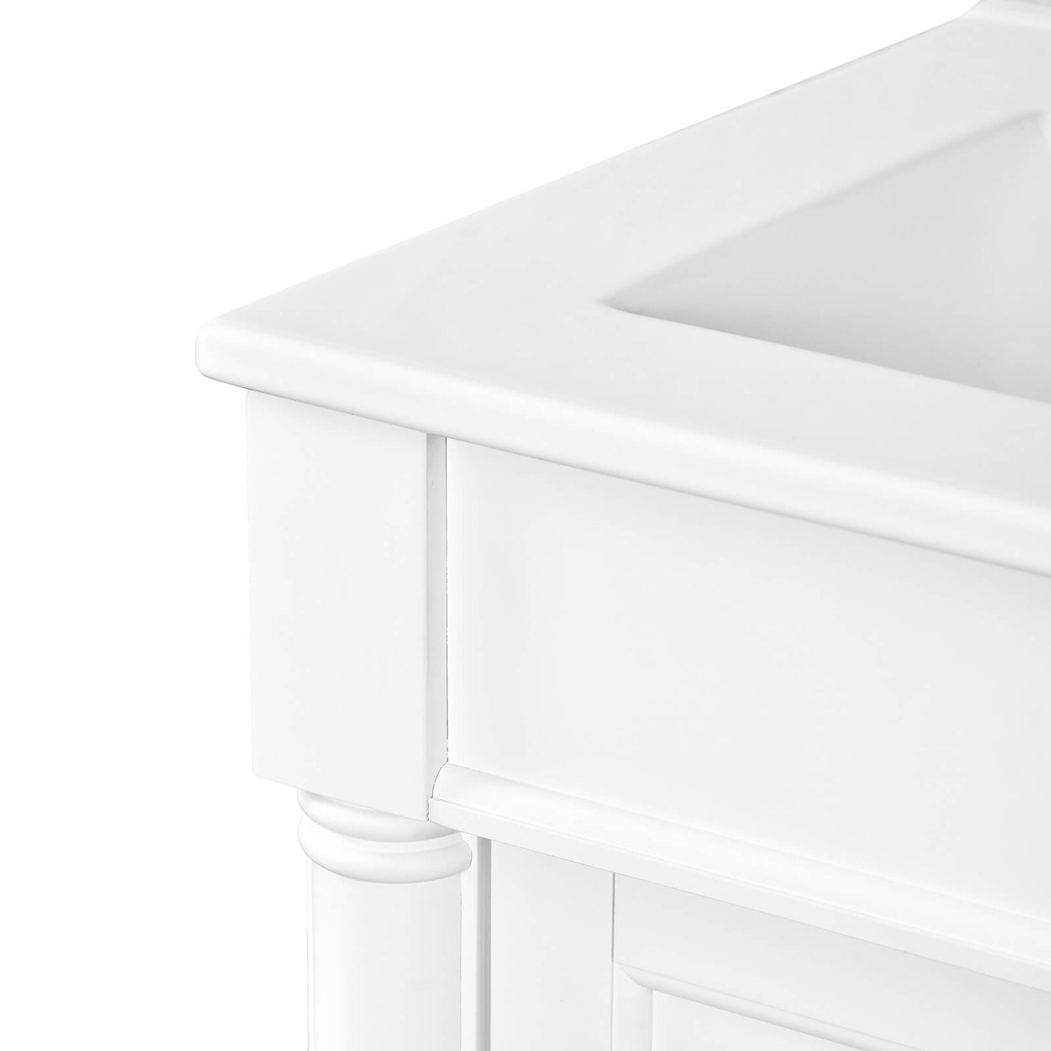 24 in White Mid Century Modern Bathroom Vanity Table Corner Detail