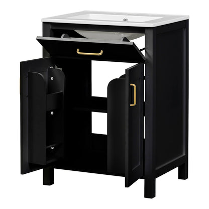 24 inch Black Bathroom Vanity with door rack and adjustable shelf for flexible storage