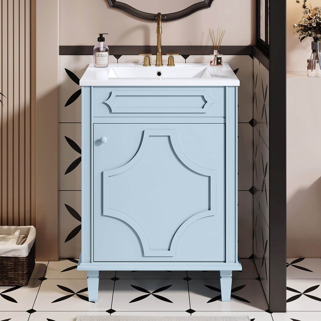 24 inch Compact Vanity with Carved Pattern Doors