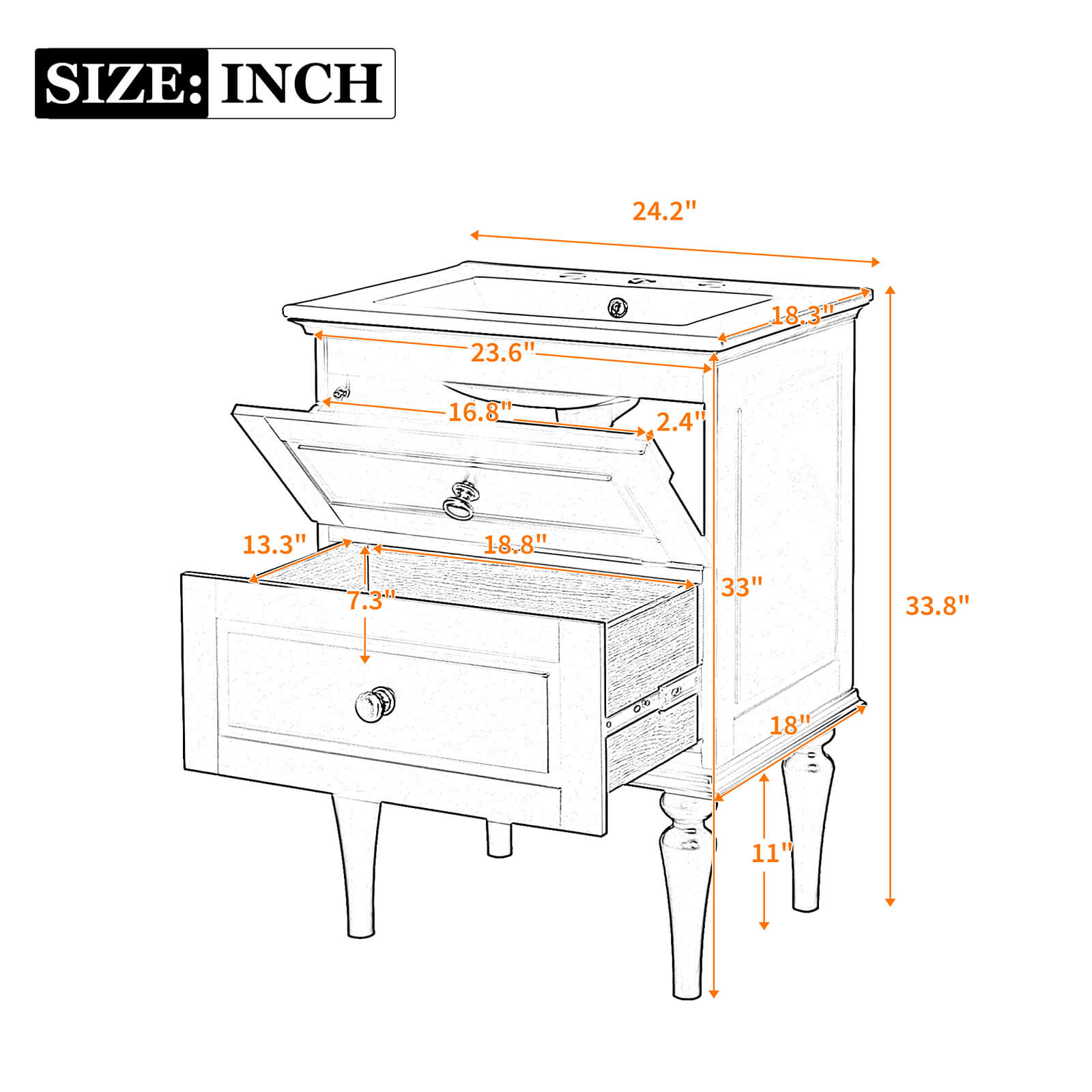 24 inch Shaker Solid Wood Bathroom Vanity Overall Dimensions Specifications