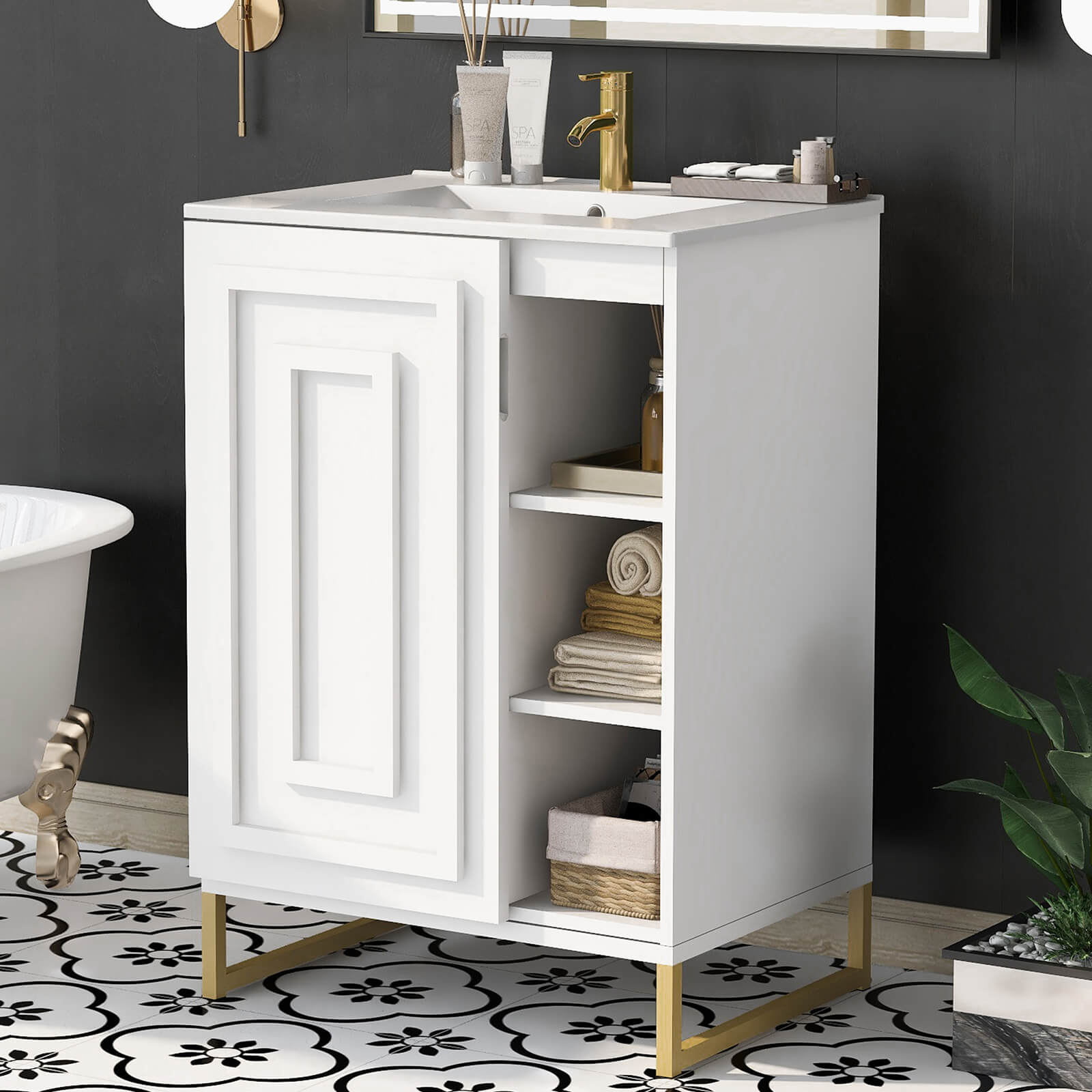 24 inch Shaker style bathroom vanity with open storage space and gold legs