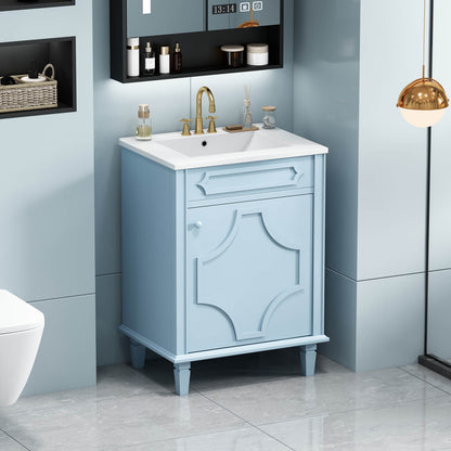 24 inch compact vanity with elegant carved doors and soft blue finish