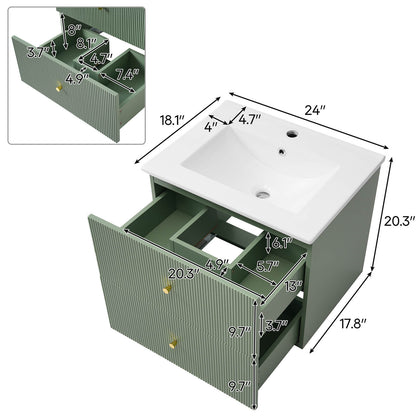 24 inch green wall mounted vanity with single hole ceramic sink dimensions and specifications