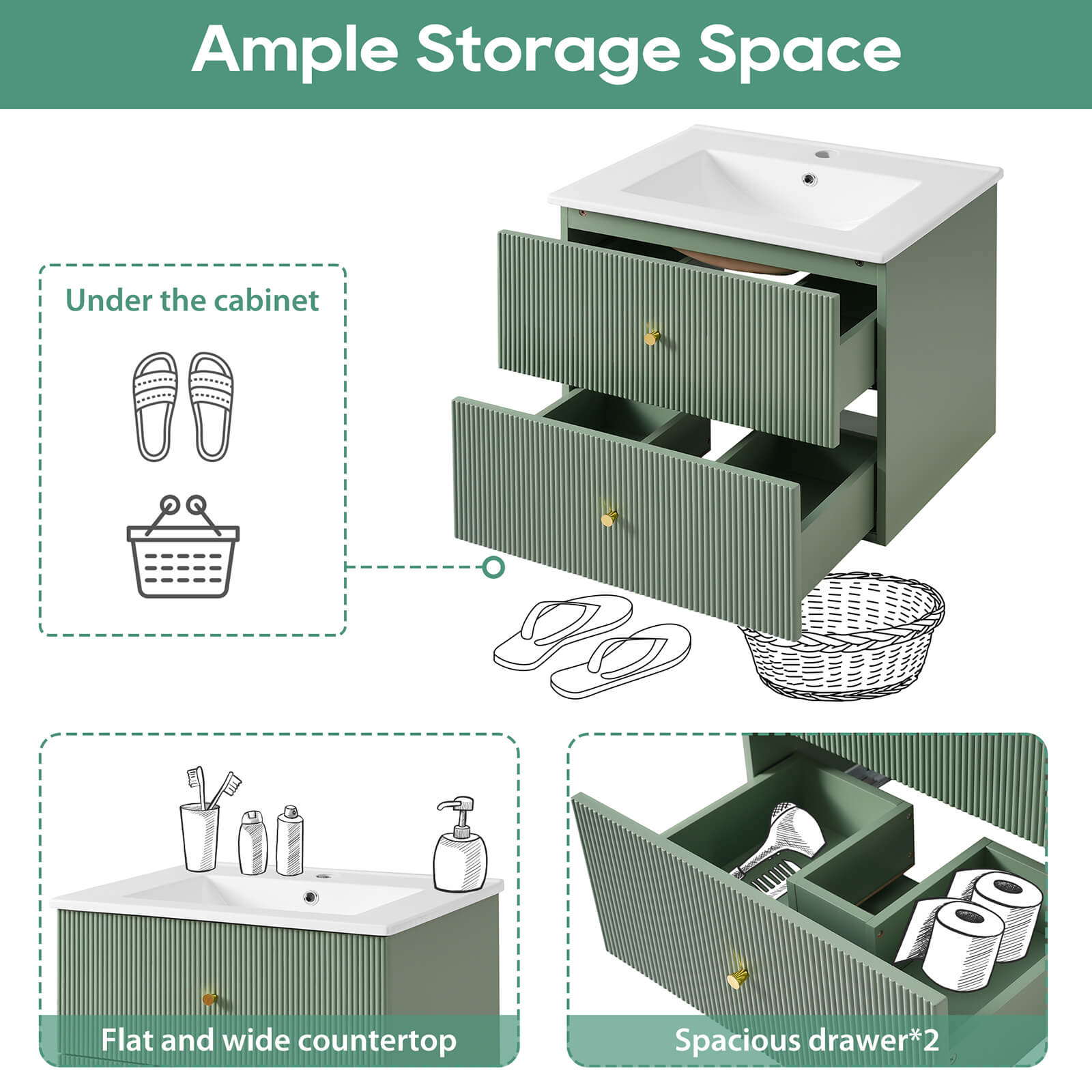 24 inch green wall mounted vanity with single hole ceramic sink storage diagram