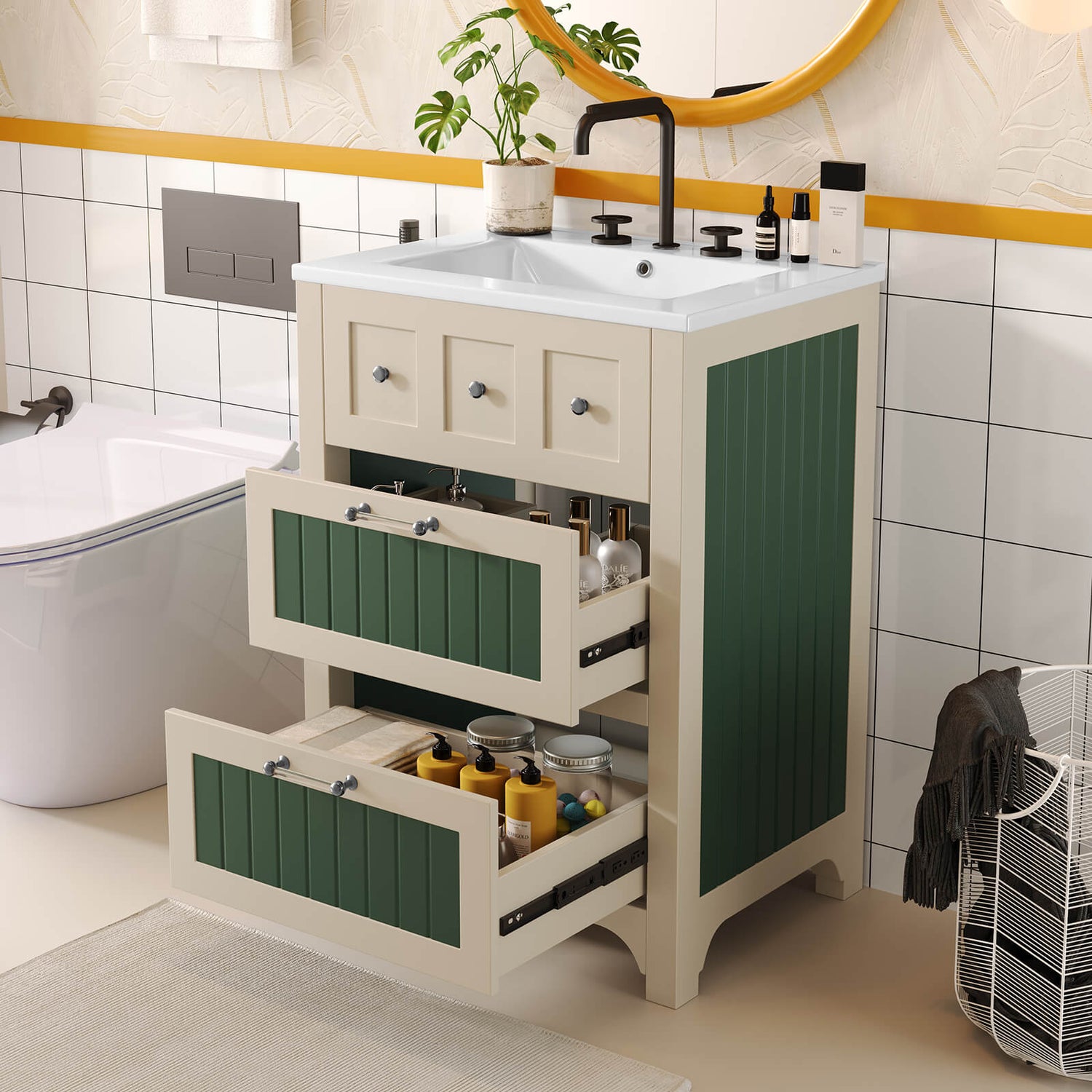 24 inch two tone bathroom vanity with beige and green drawers