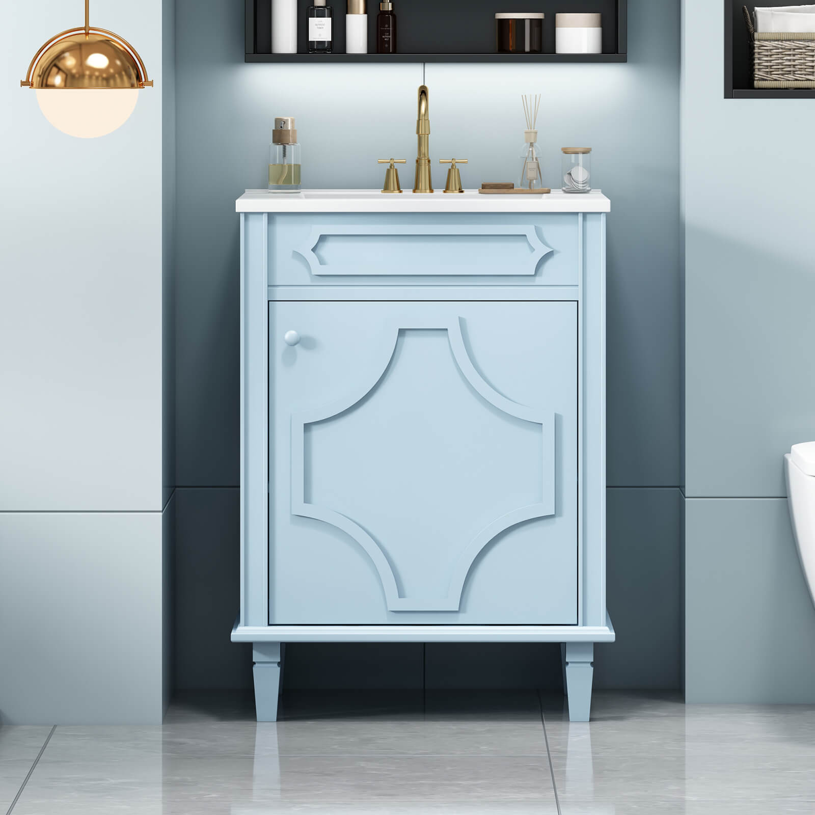 24 inch vanity with sleek blue finish and carved details for small bathrooms