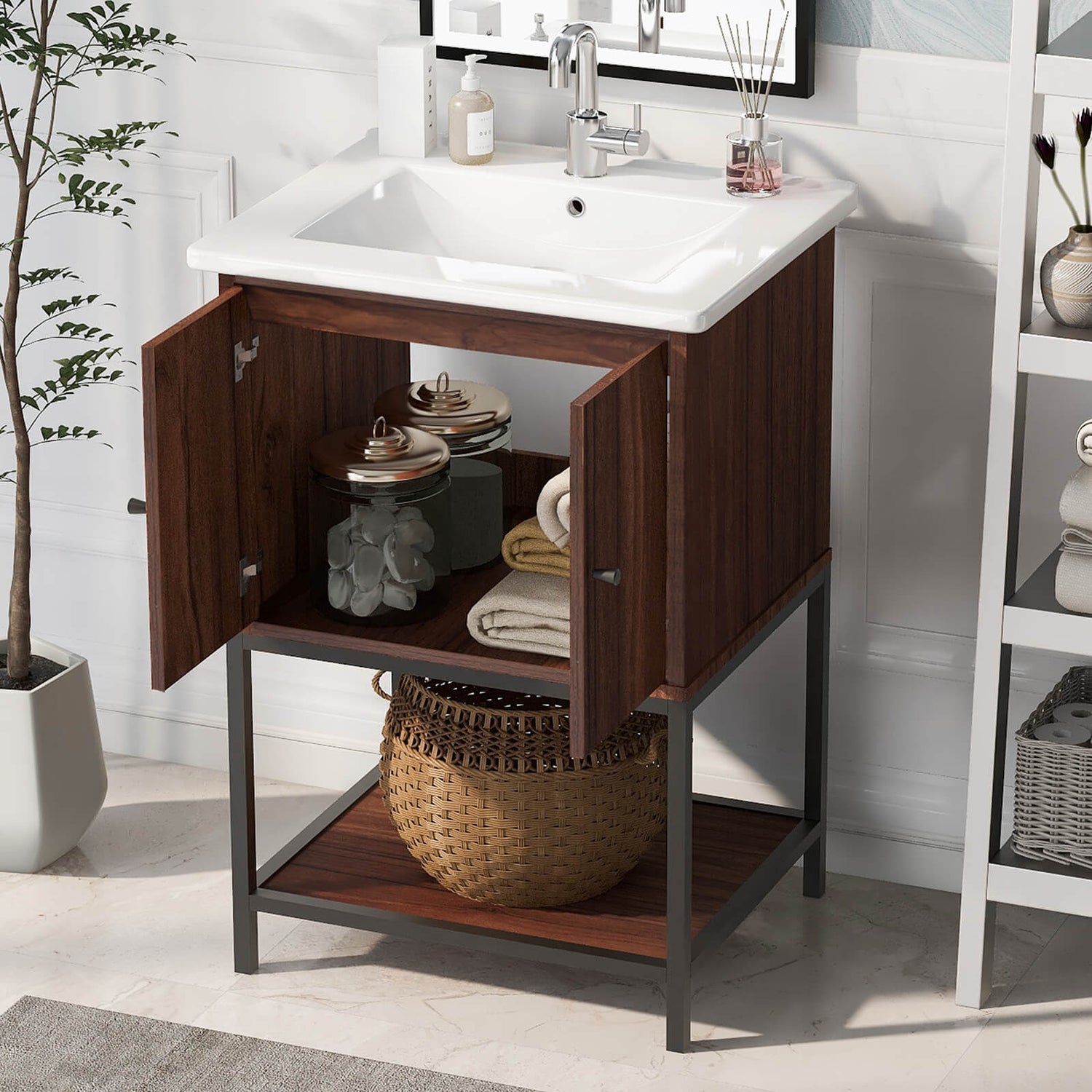 24-inch bathroom vanity with open shelf and storage