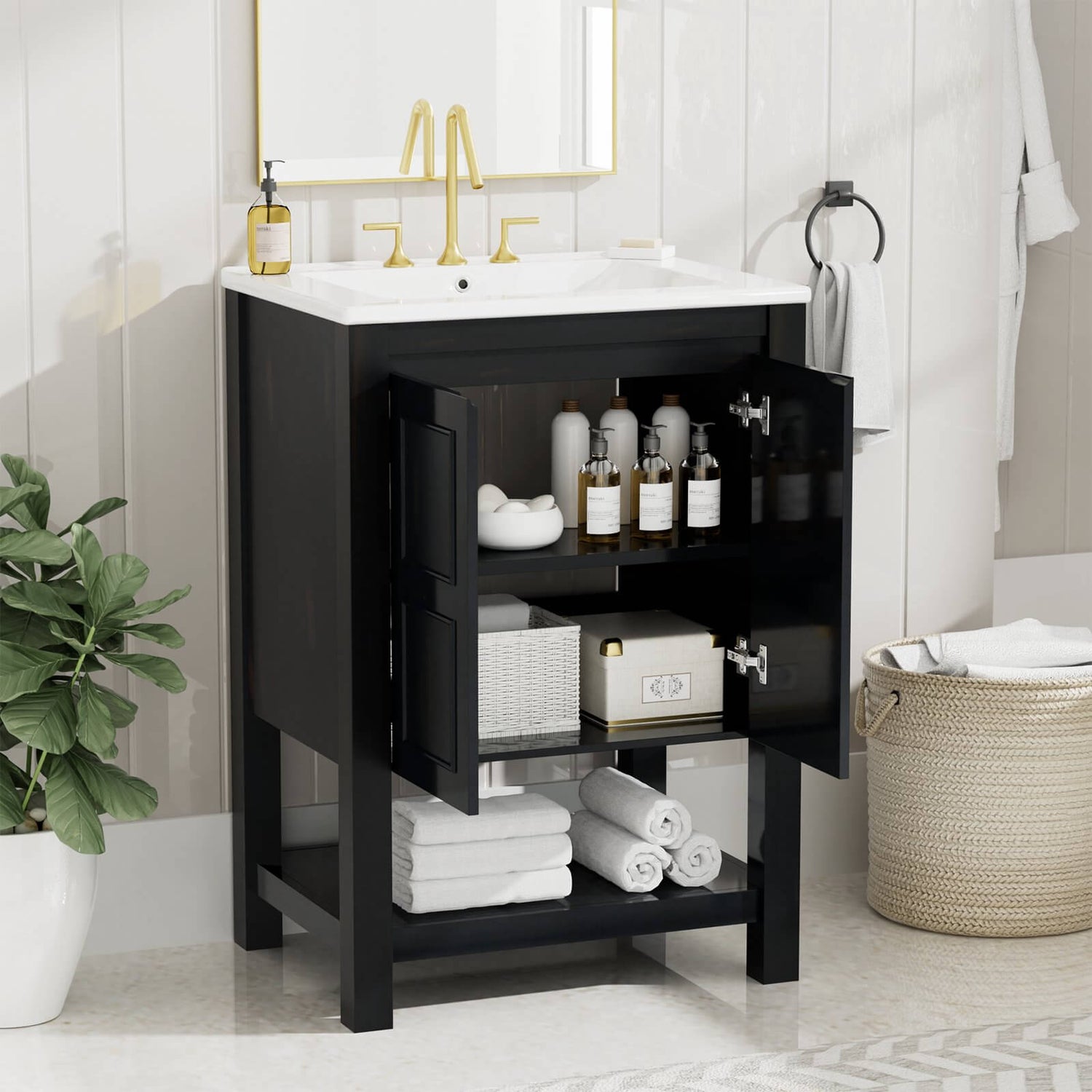 24-inch traditional vanity with open shelving and high-quality ceramic sink