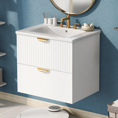 24-inch white floating bathroom vanity with sink and gold handles