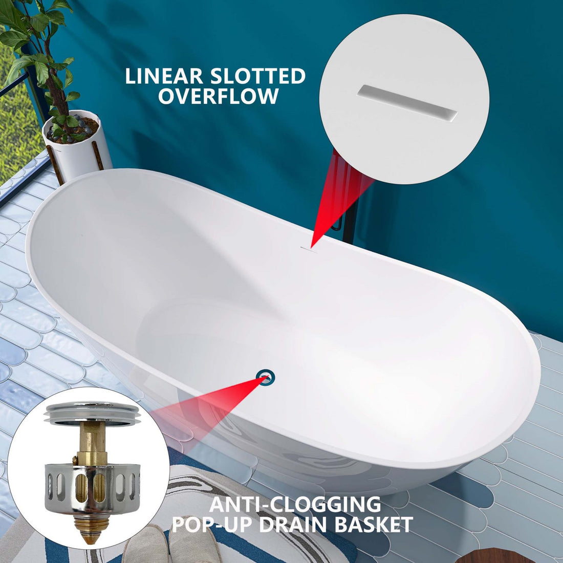 Overflow and Outlet Design for 68&quot; Double Slipper Acrylic Soaking Tub