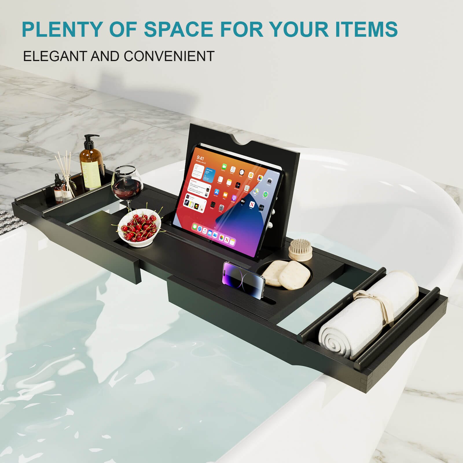 Luxury Bamboo Expandable Bathtub Caddy Tray with Smartphone Tablet Boo Givingtree