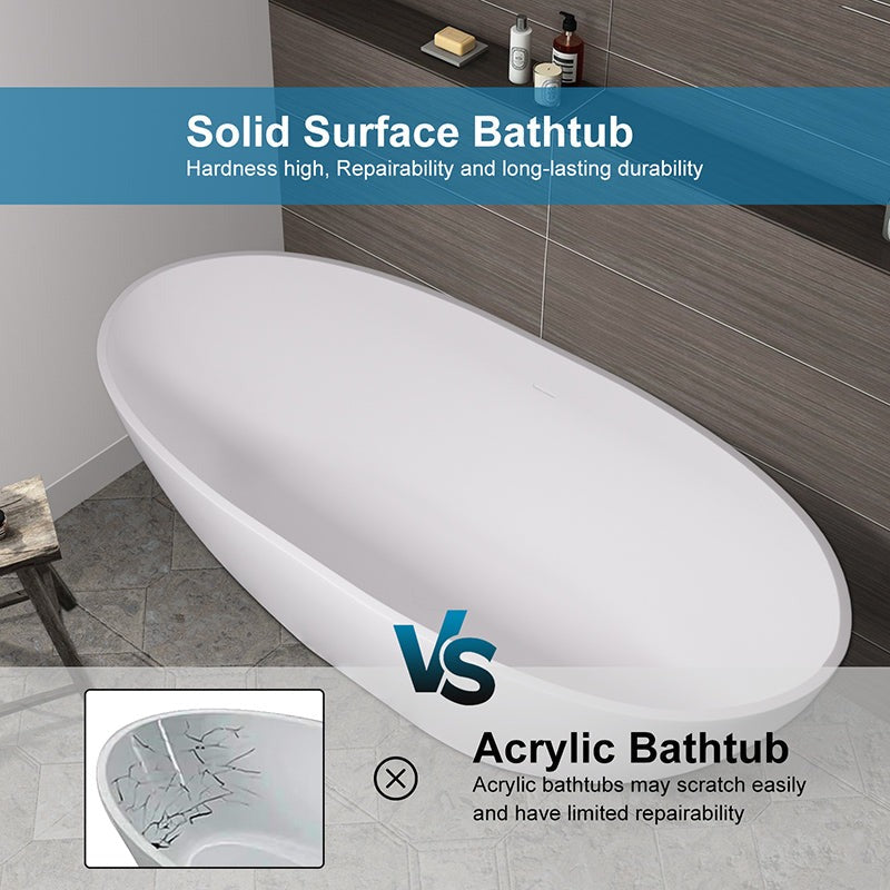 71&quot; Solid Surface Stone Resin Oval-shaped Freestanding Soaking Bathtub with Overflow