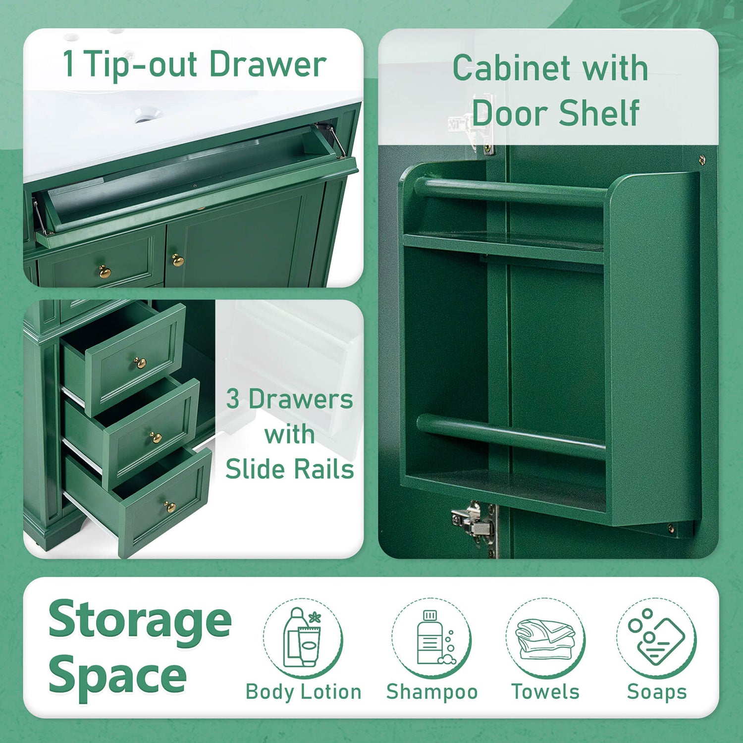 30 Dark Green Freestanding Bathroom Vanity Storage with Reversible Tray Description