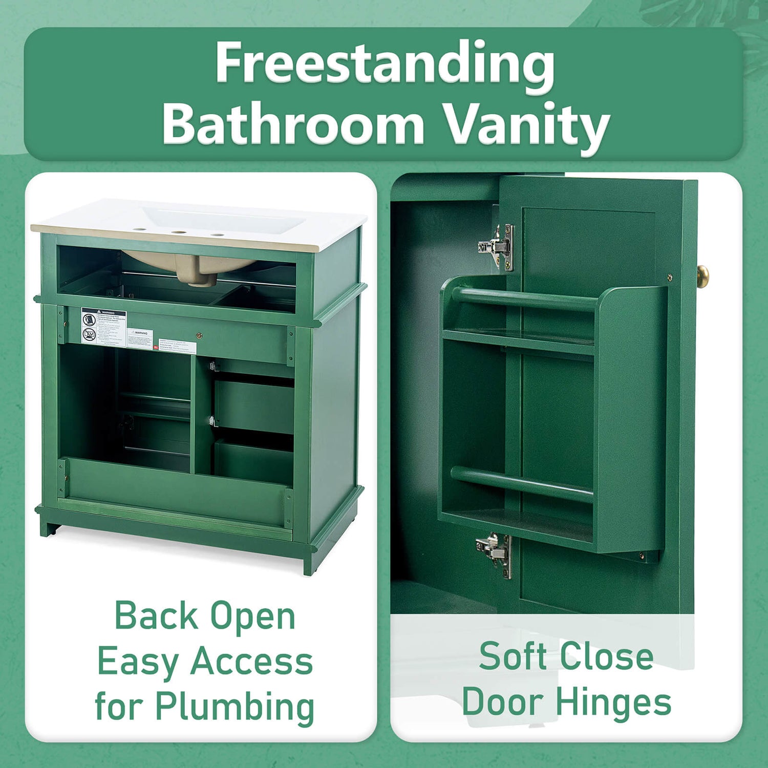 30 Dark Green Freestanding Bathroom Vanity with Reversible Tray Back Display