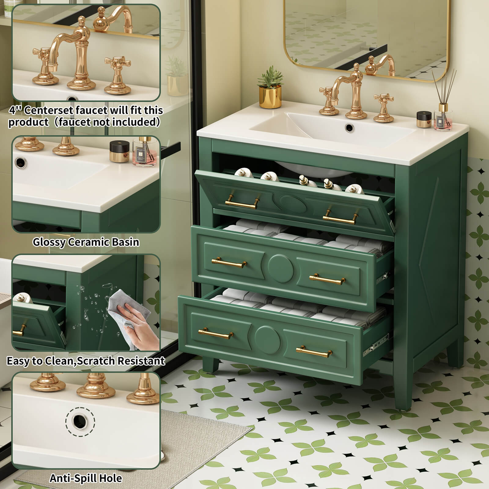 30 Inch Green Vintage Bathroom Vanity Pre Drilling Diagram