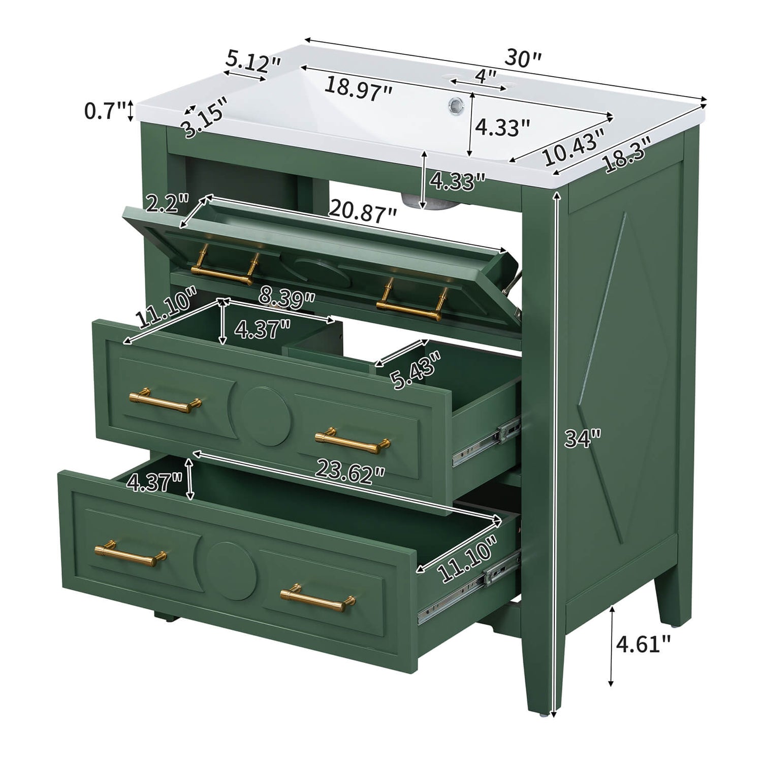 30 Inch Green Vintage Bathroom Vanity with 3 Pre Drilled Holes Dimensions Specifications