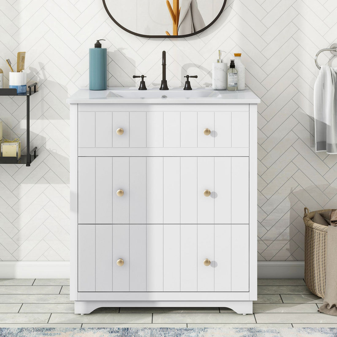 30 Inch Sleek Modern White Bathroom Vanity Cabinet with Dual Drawers Optional Sink Solid Wood Base
