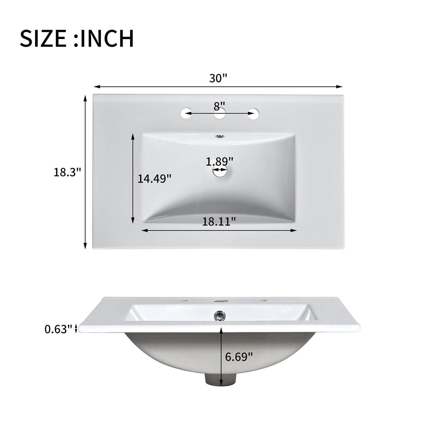 30 Inch Two Tone Design Bathroom Vanity Countertop Size Specifications