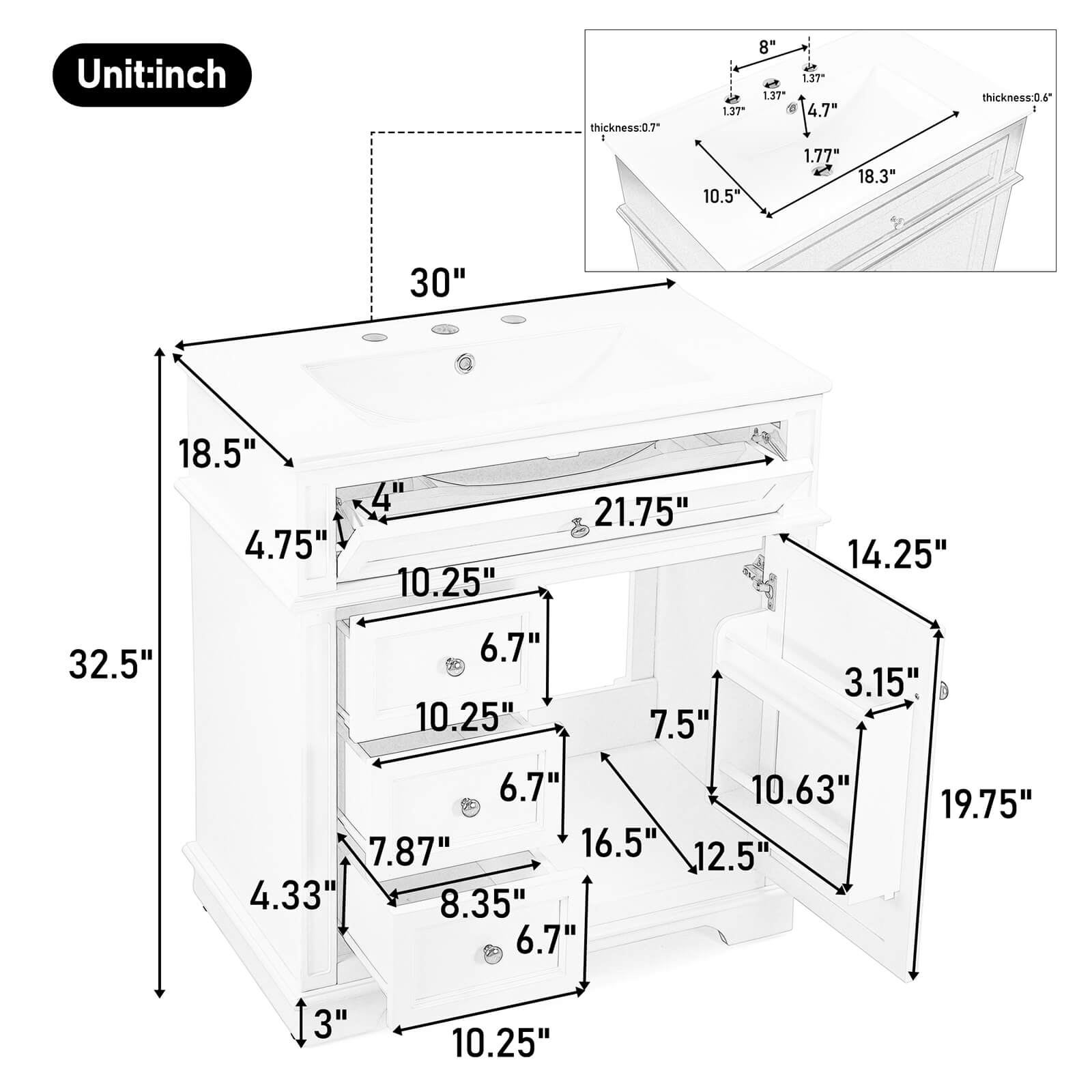 30 White Freestanding Bathroom Vanity with Reversible Tray Overall Dimensions Specifications