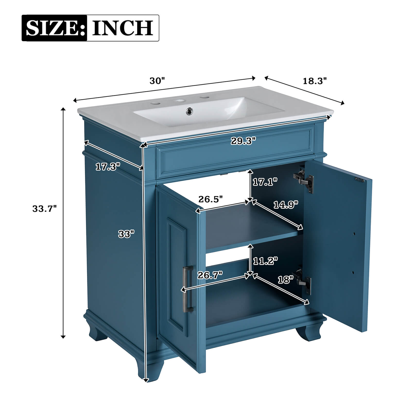 30 in Classic Double Door Bathroom Vanity Dimensions