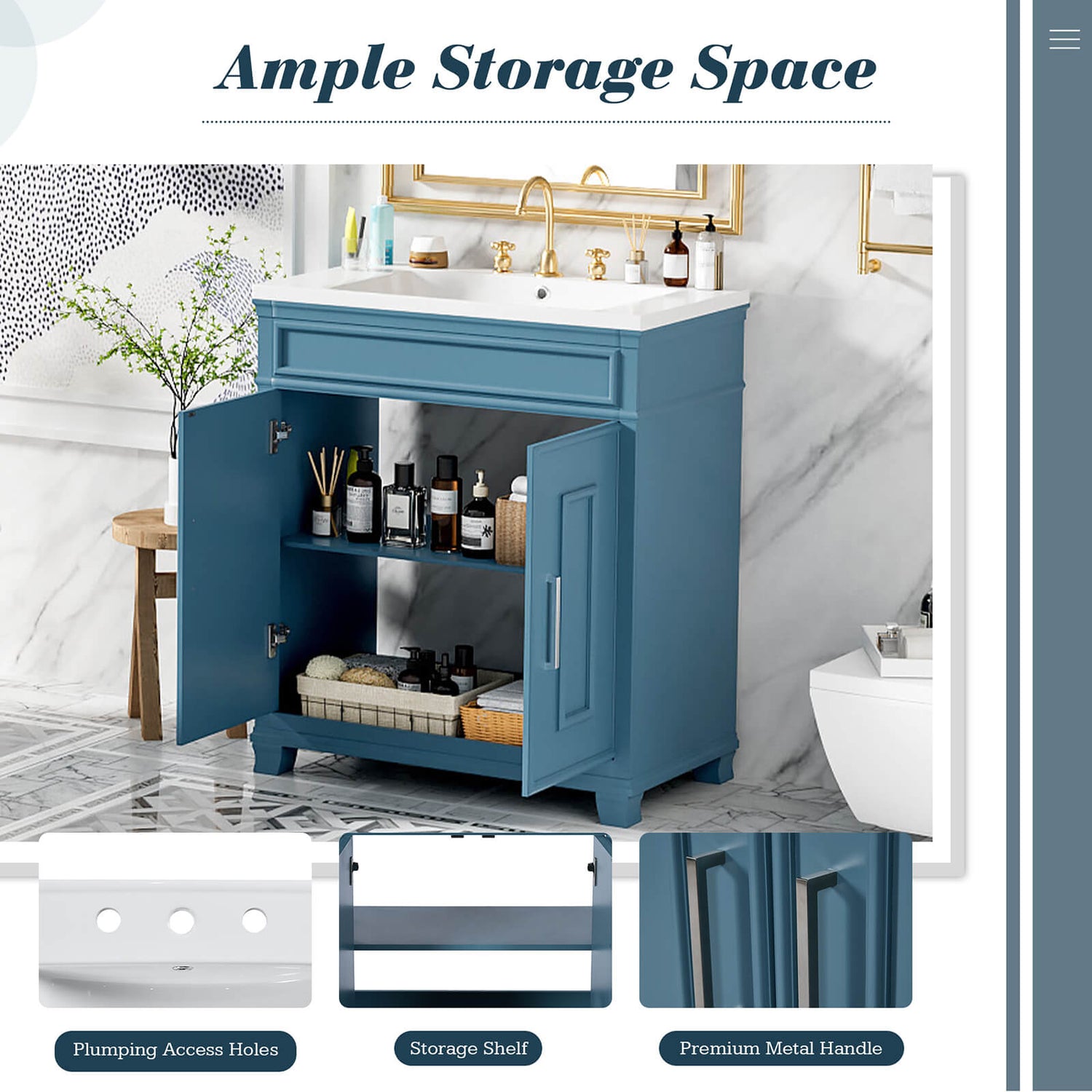 30 in Classic Double Door Bathroom Vanity Storage Diagram