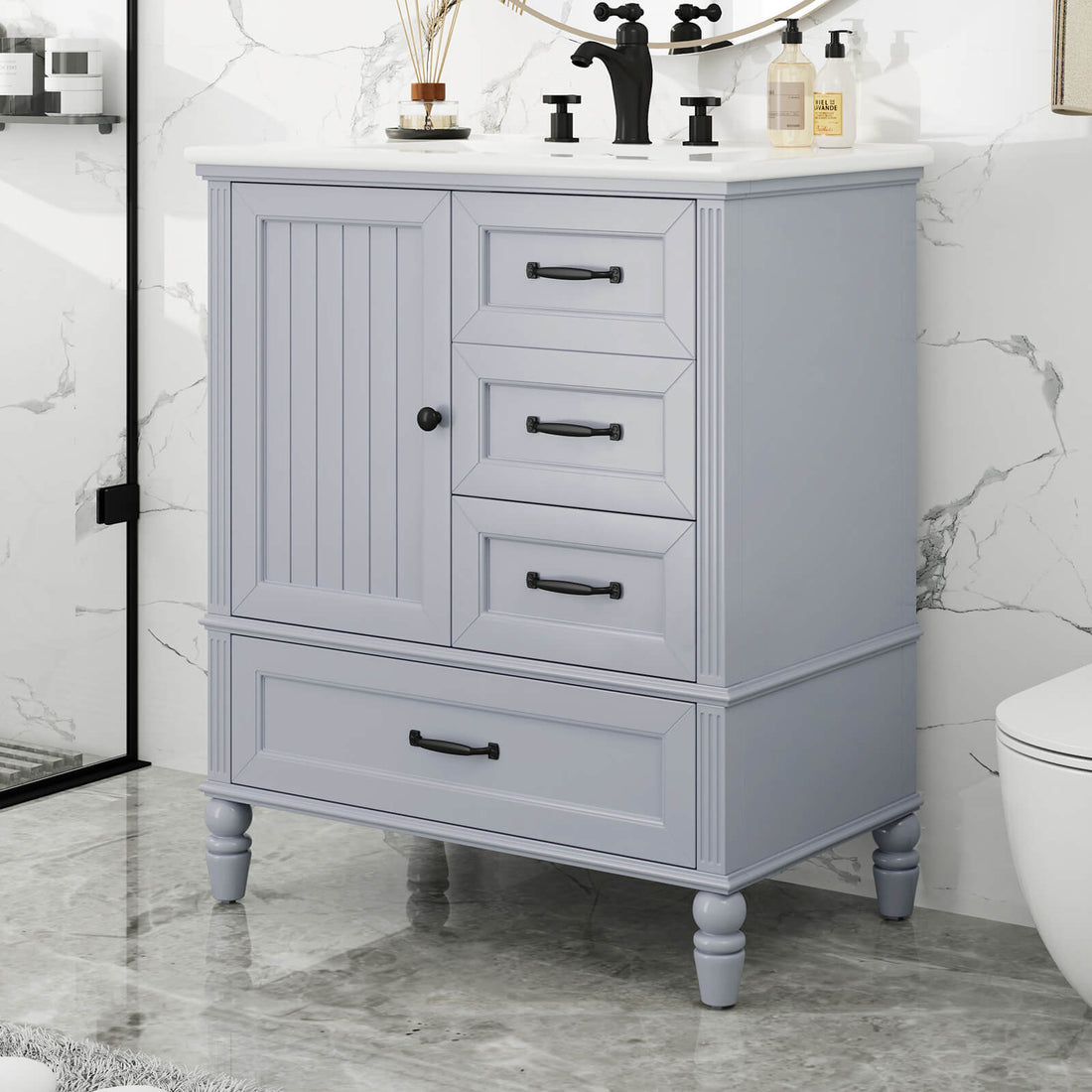 30 in Light Grayish Blue Acacia Wood Vanity with Bottom Drawers