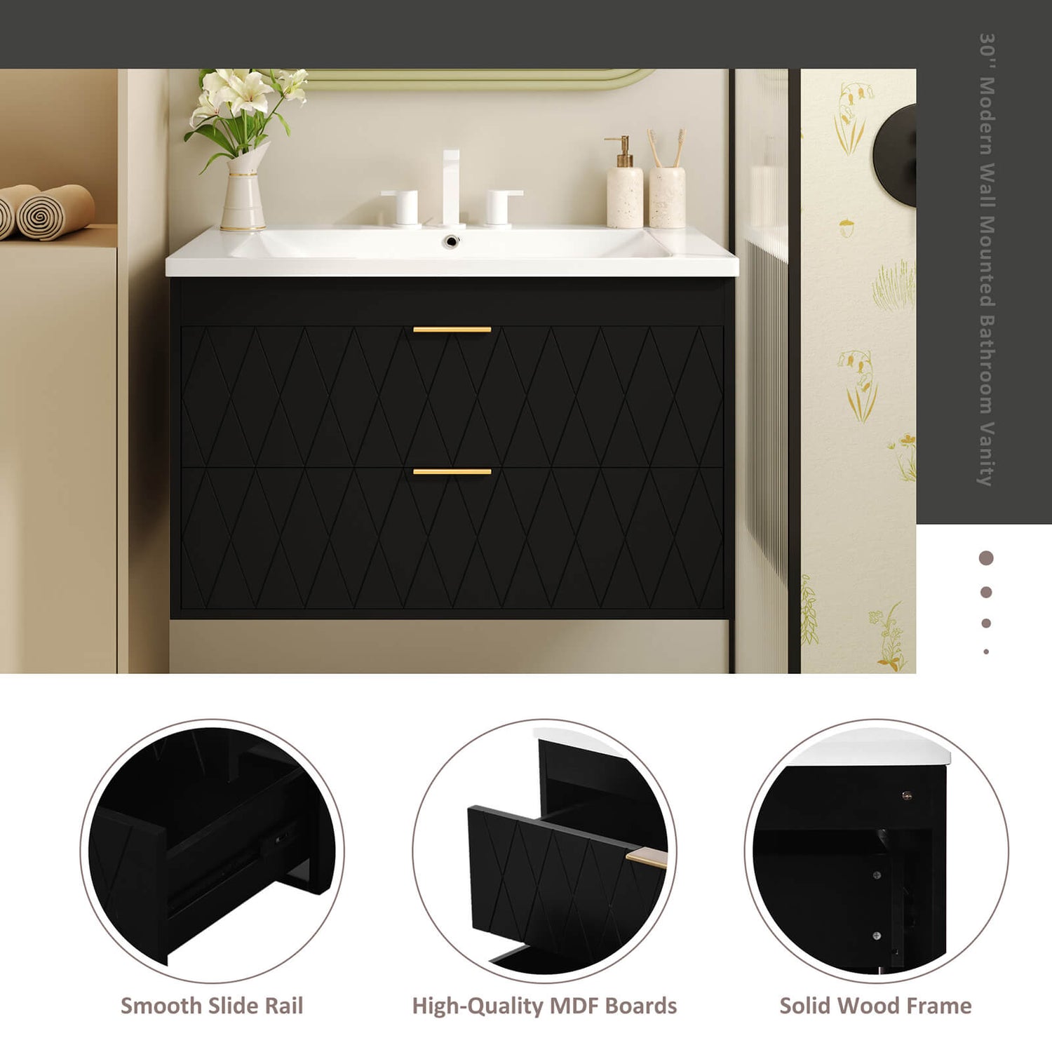 30 in black bathroom vanity with gold hardware shown in various parts